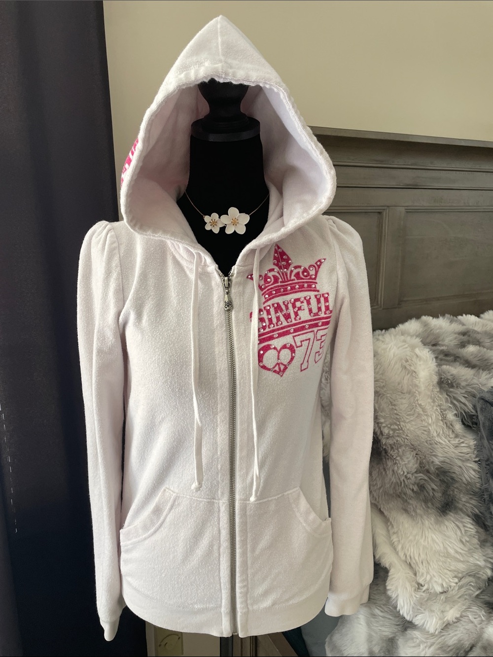 Sinful Rhinestone Graphic Zip Hoodie in Pink Medium Like New